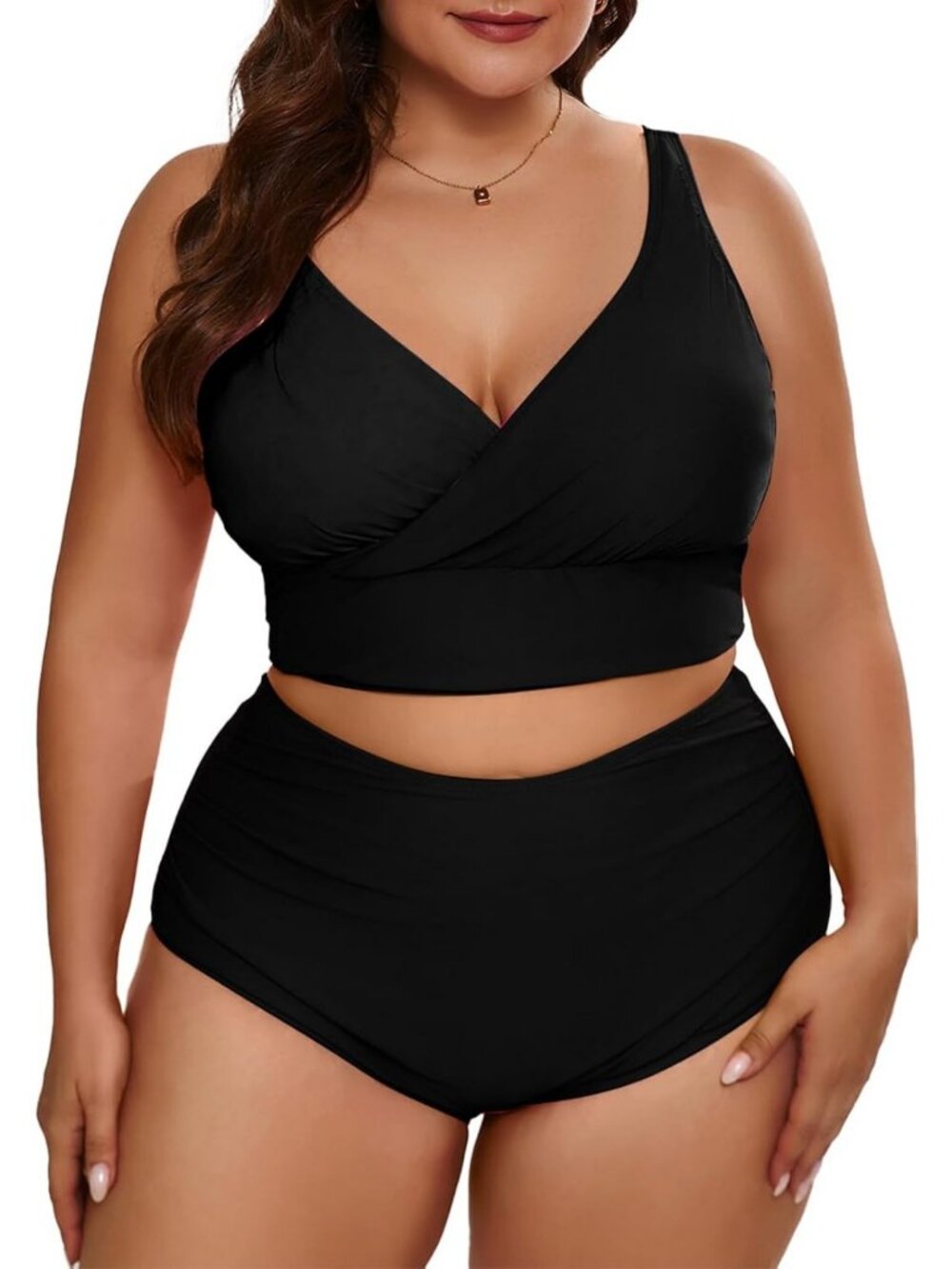 Plus Size High Waisted V Neck Bikini Set, Color Block Two Piece Swimsuit (1X-5X)